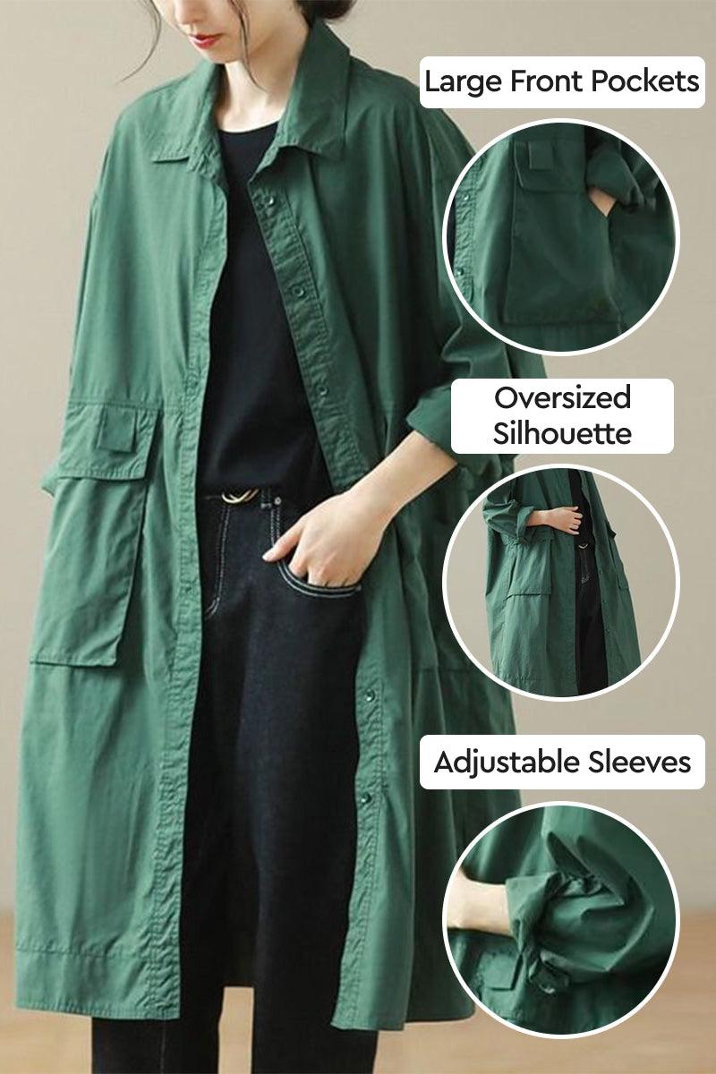 Nomad Ease Oversized Shirt-Jacket in green with large front pockets, adjustable roll-up sleeves, and oversized silhouette.