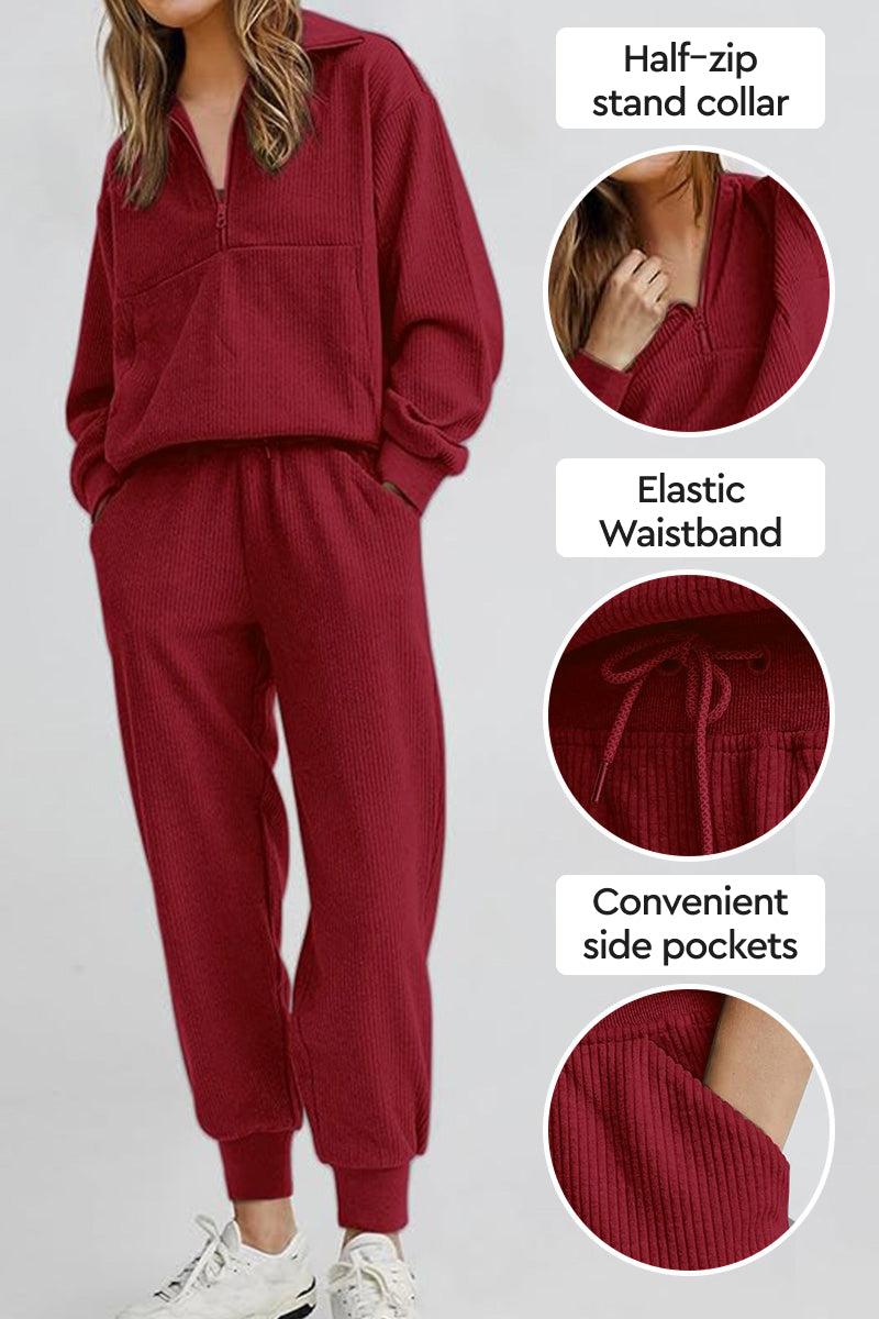 Unisex half-zip pullover and sweatpants set in red with stand collar, elastic waistband, and side pockets for casual comfort