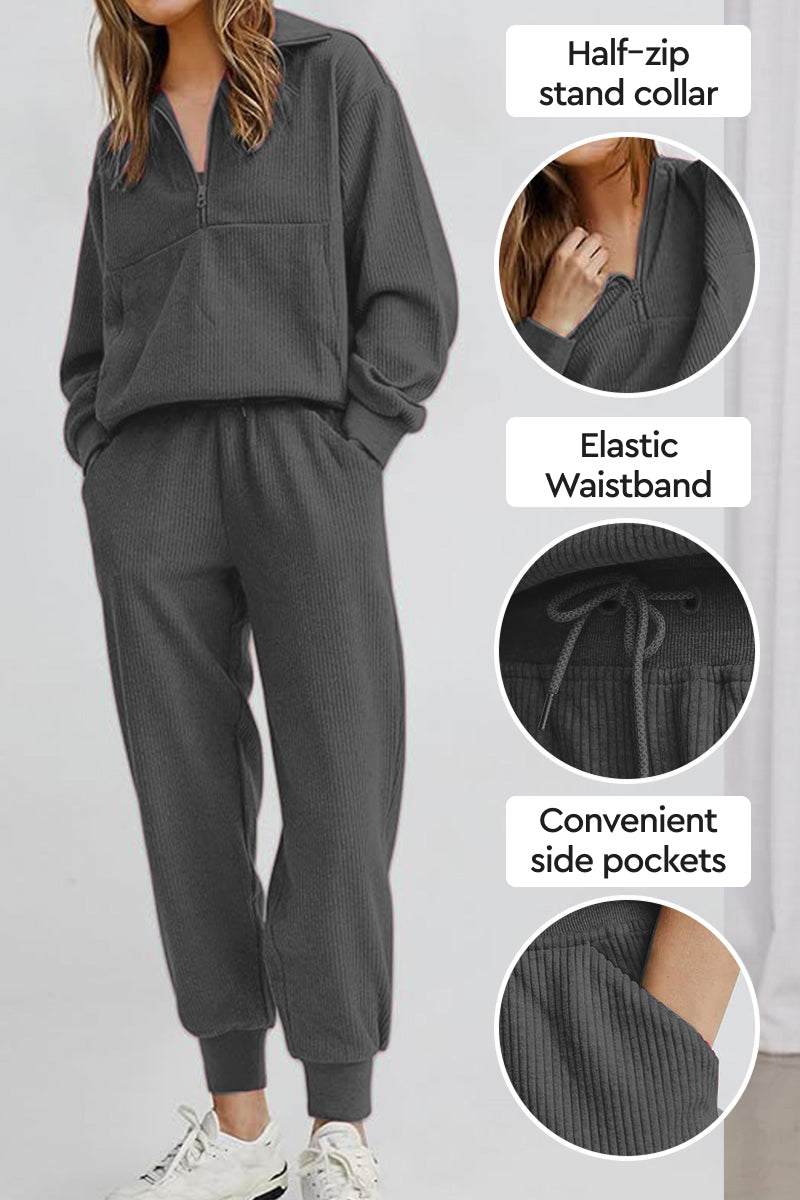 Unisex half-zip pullover and sweatpants set in dark gray with stand collar, elastic waistband, and side pockets for casual comfort