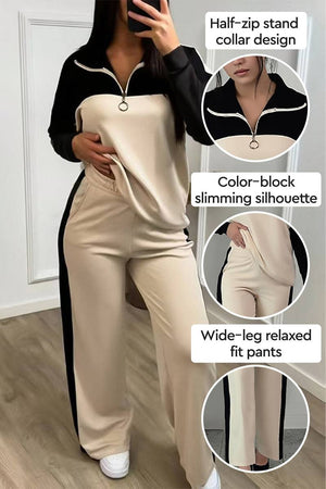 Woman wearing Colorblock Comfort Leisure Set with half-zip stand collar, color-block slimming top, and wide-leg relaxed fit pants.