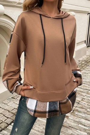 Women's Countryside Layered Hoodie in brown with plaid hem and cuffs, relaxed fit, and drawstring hood.