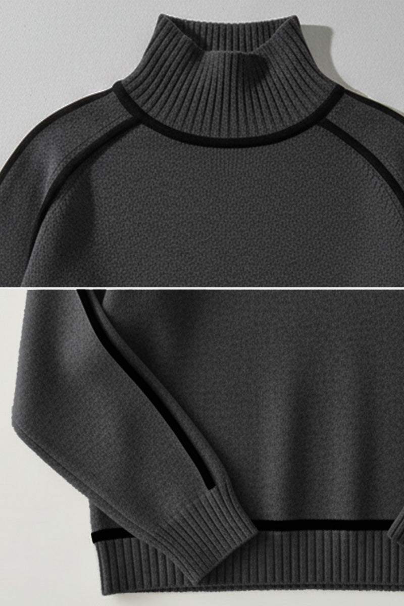 dark gray Zero Itch Turtleneck Sweater with slimming contrast trim and soft knit fabric