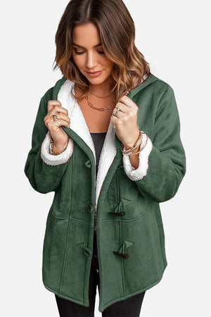 Green warm toggle button hooded coat with sherpa lining and faux suede exterior for women