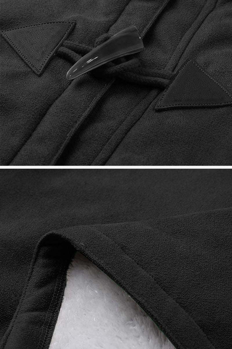 Close-up of warm toggle button and soft faux suede fabric on a hooded coat with sherpa lining