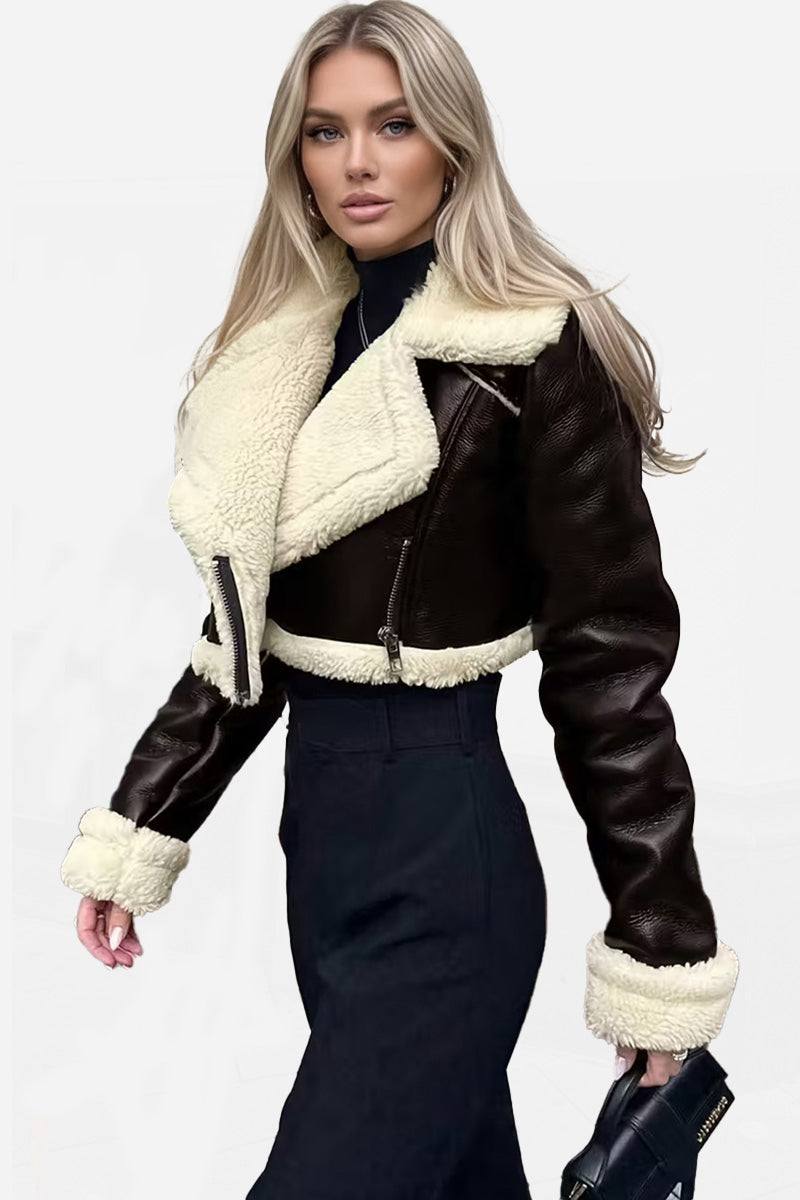 Cropped faux leather sherpa jacket with cream sherpa trim and full fleece lining for warmth and style