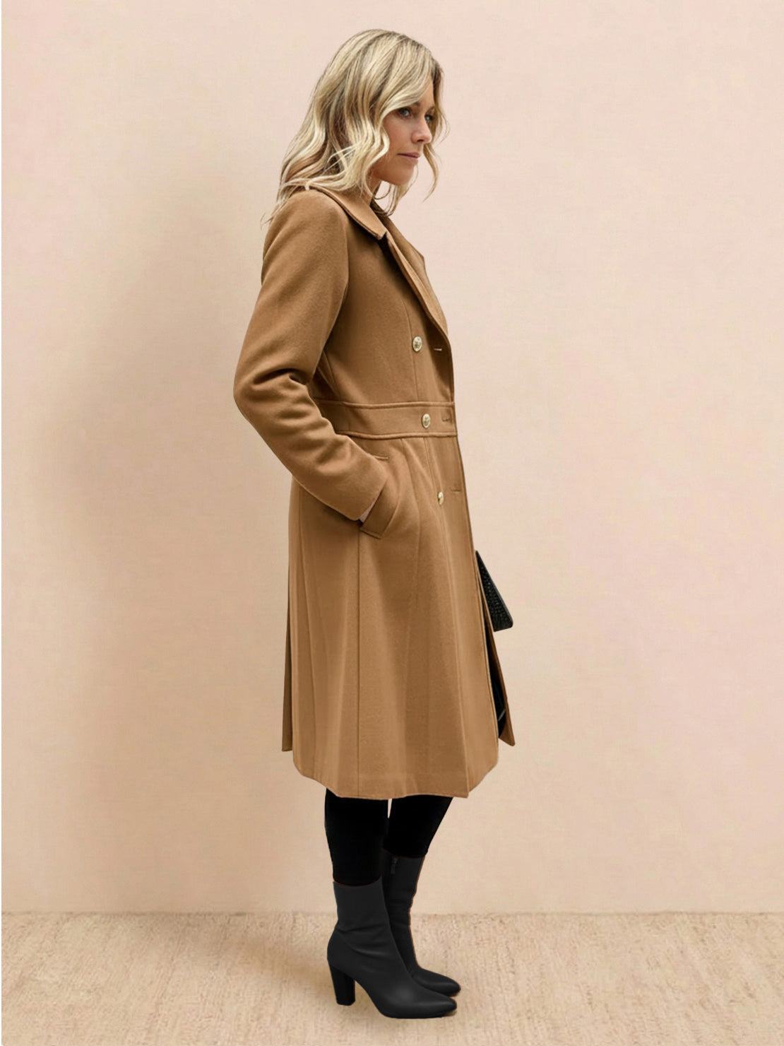 Tailored fit and flare trench coat with A-line silhouette and double-breasted buttons in non-wool fabric