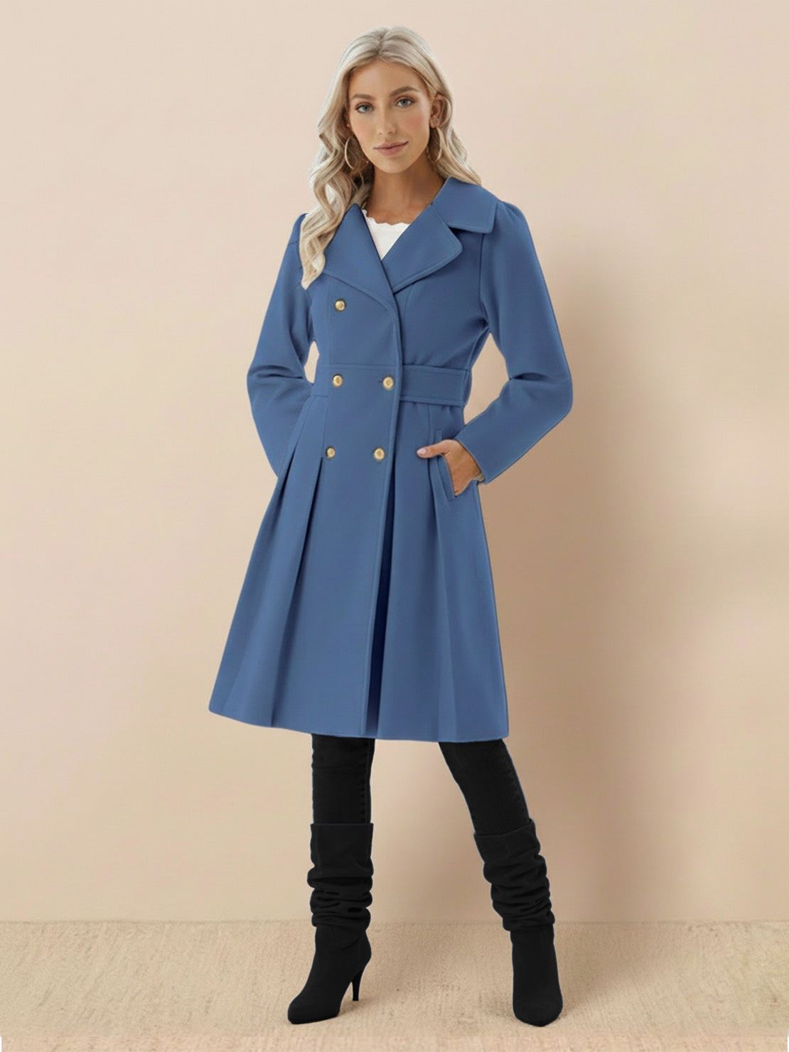 Tailored fit and flare trench coat with A-line silhouette and double-breasted buttons