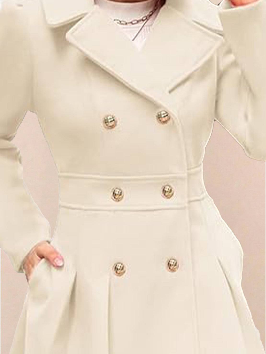 Tailored fit and flare trench coat with A-line silhouette and double-breasted buttons