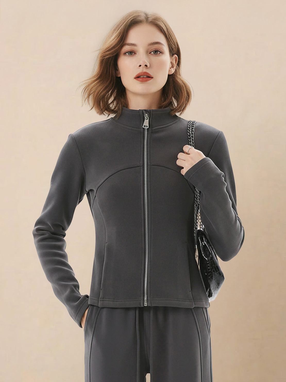 Nano-Fleece Zip Two-Piece Set with hip-length jacket and wide-leg pants in soft, wrinkle-resistant fabric