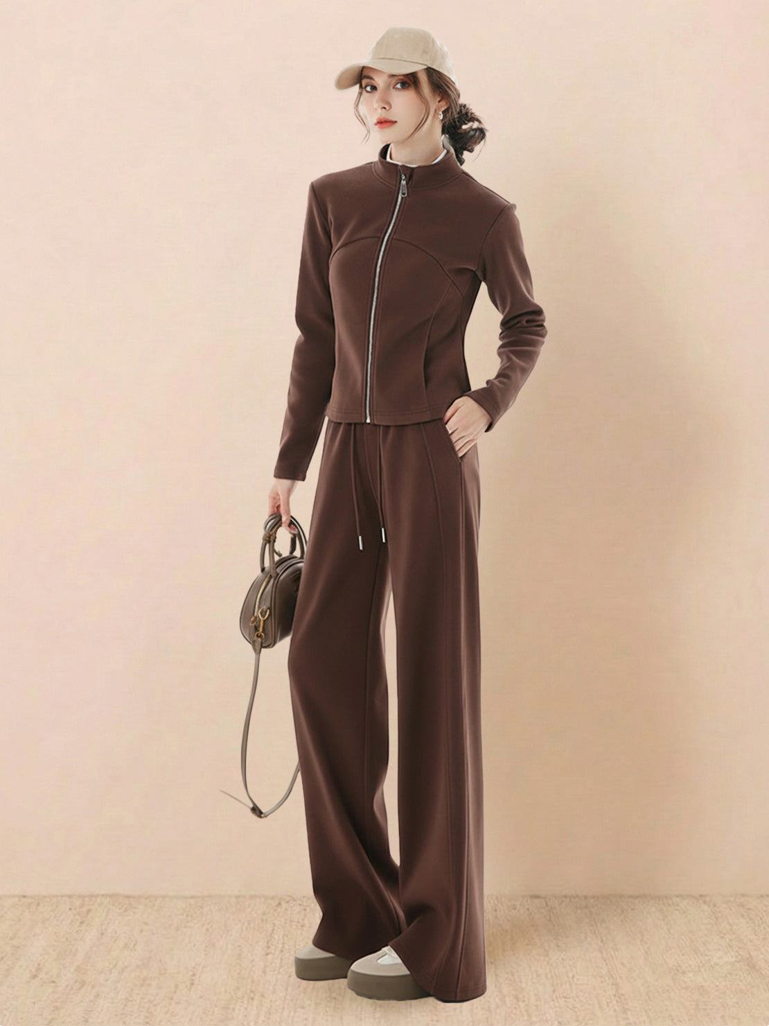 Nano-fleece zip two-piece set with hip-length jacket and wide-leg pants in soft, wrinkle-resistant fabric