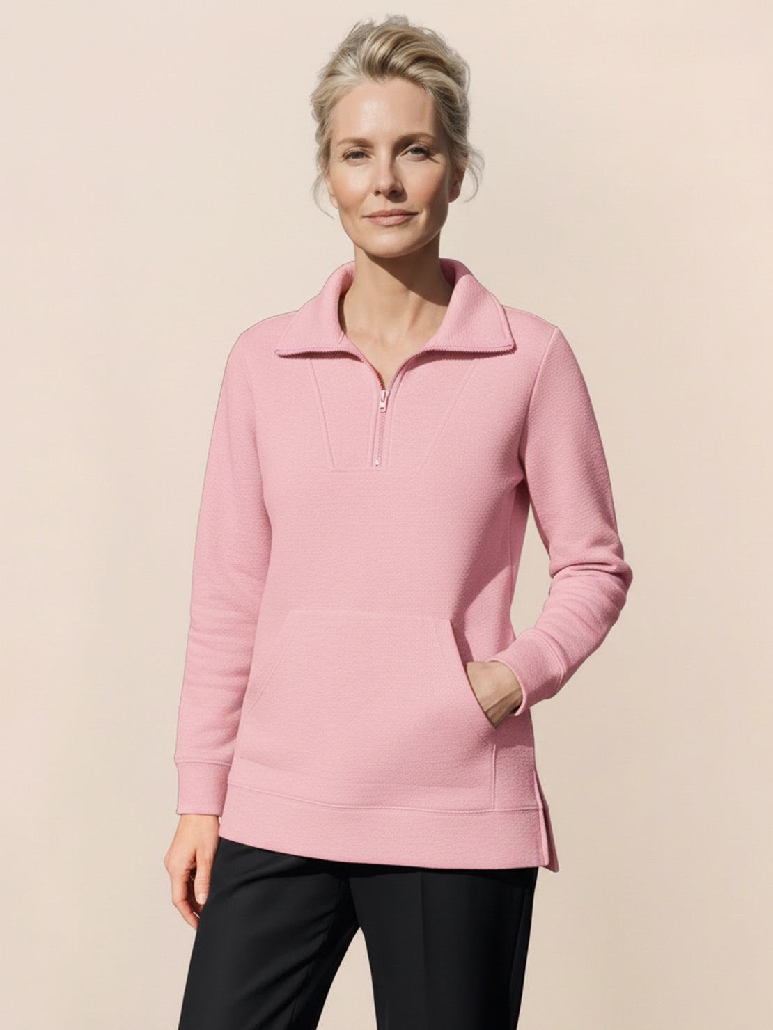 Men wearing a cozy half-zip waffle pullover with a fold-over collar and kangaroo pocket, ideal for casual wear and layering