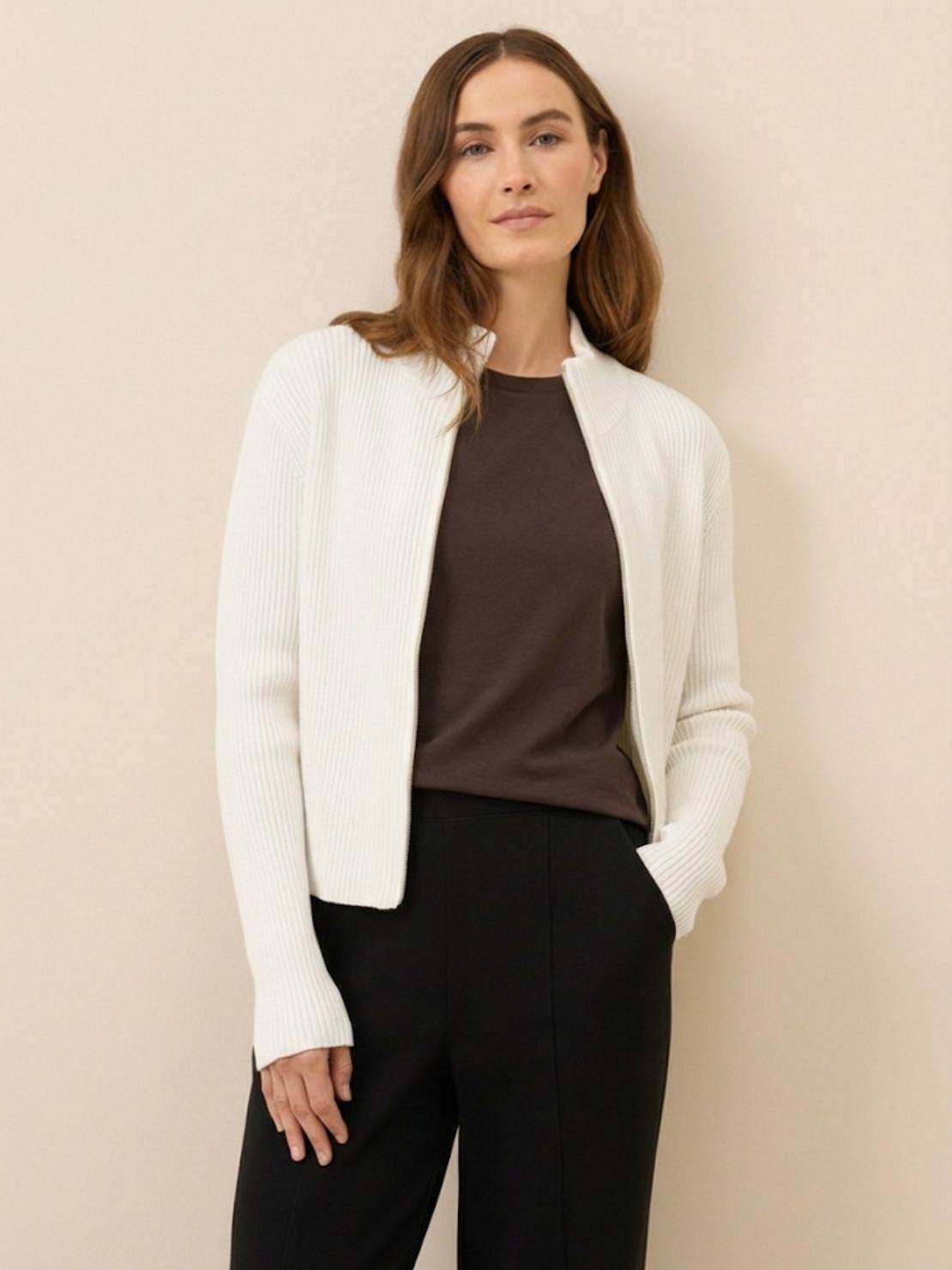 ribbed zip-up knit cardigan jacket with high neckline and fitted cuffs, soft stretch fabric, flattering slim fit, and vertical ribbing for elongating silhouette