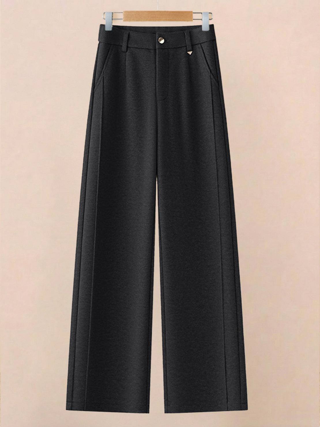 Black wide-leg thermal wool blend trousers with high waist and elastic back panel
