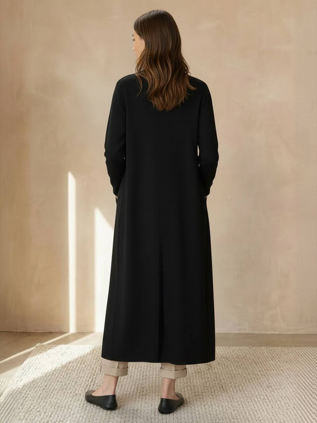 Long Australian Merino Wool cardigan with open front and patch pockets layered over fall outfit