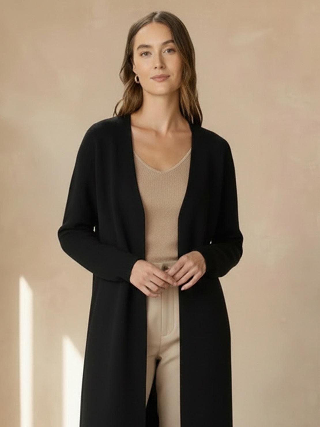 Long Australian Merino Wool cardigan with open front and patch pockets