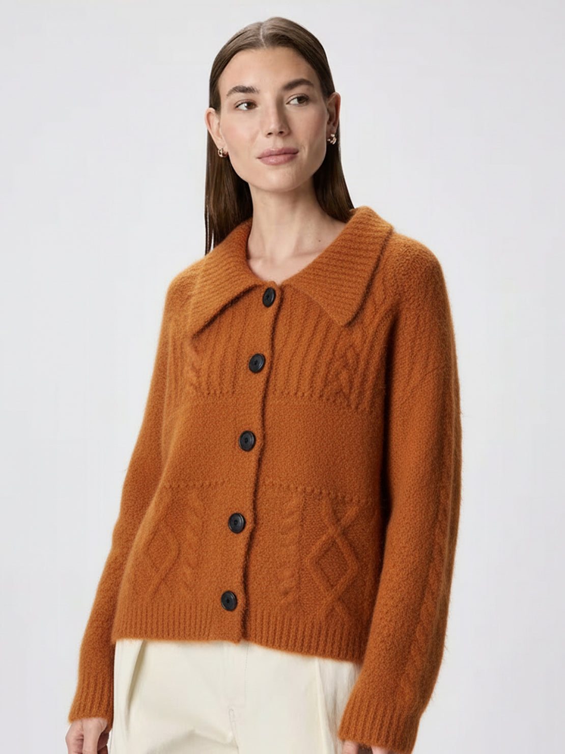 Wool-blend button-front cardigan with wide collar and five buttons, lightweight warm knit for layering