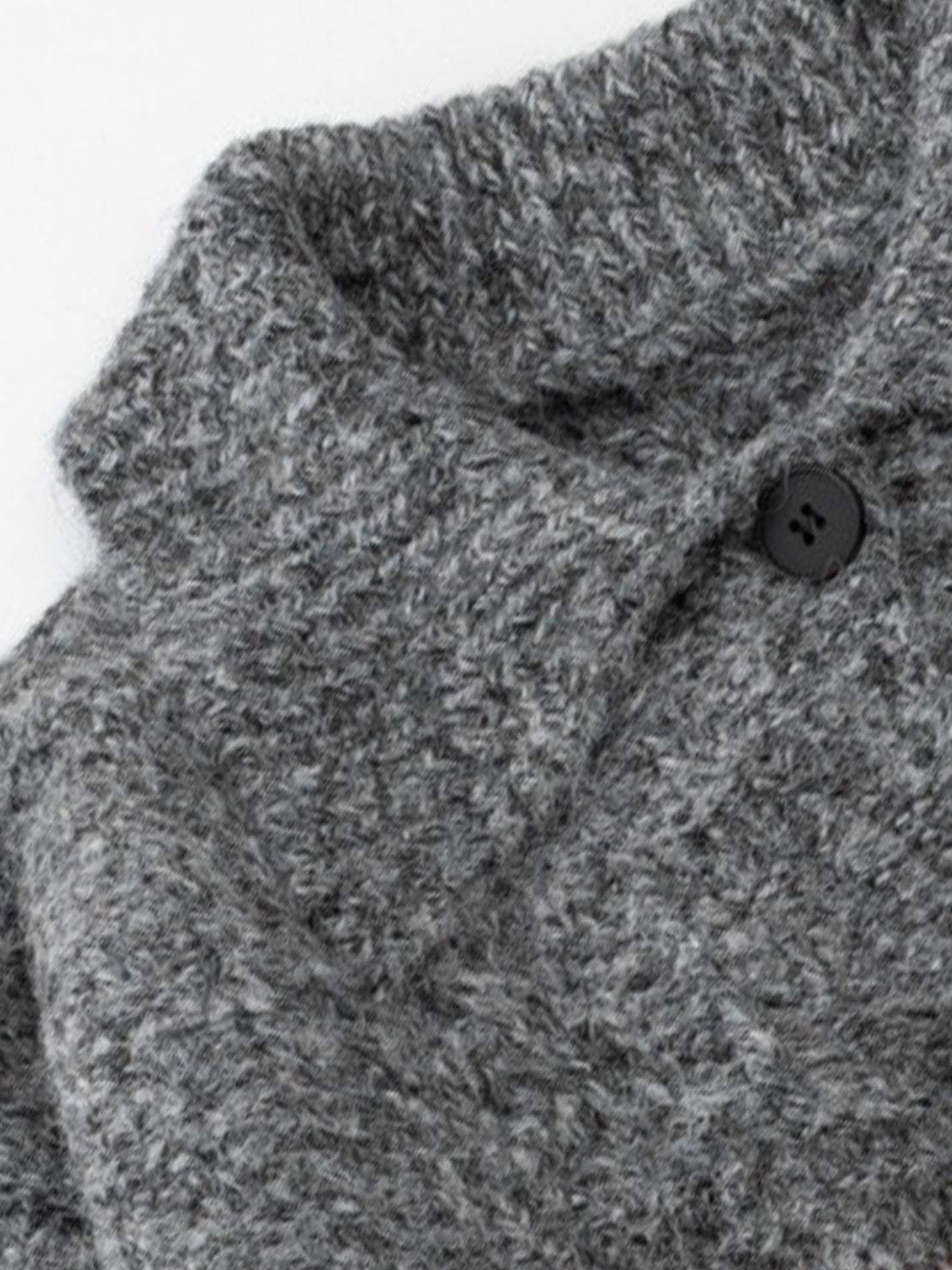 Wool-blend button-front cardigan with wide collar and five buttons, lightweight warm knit for layering.