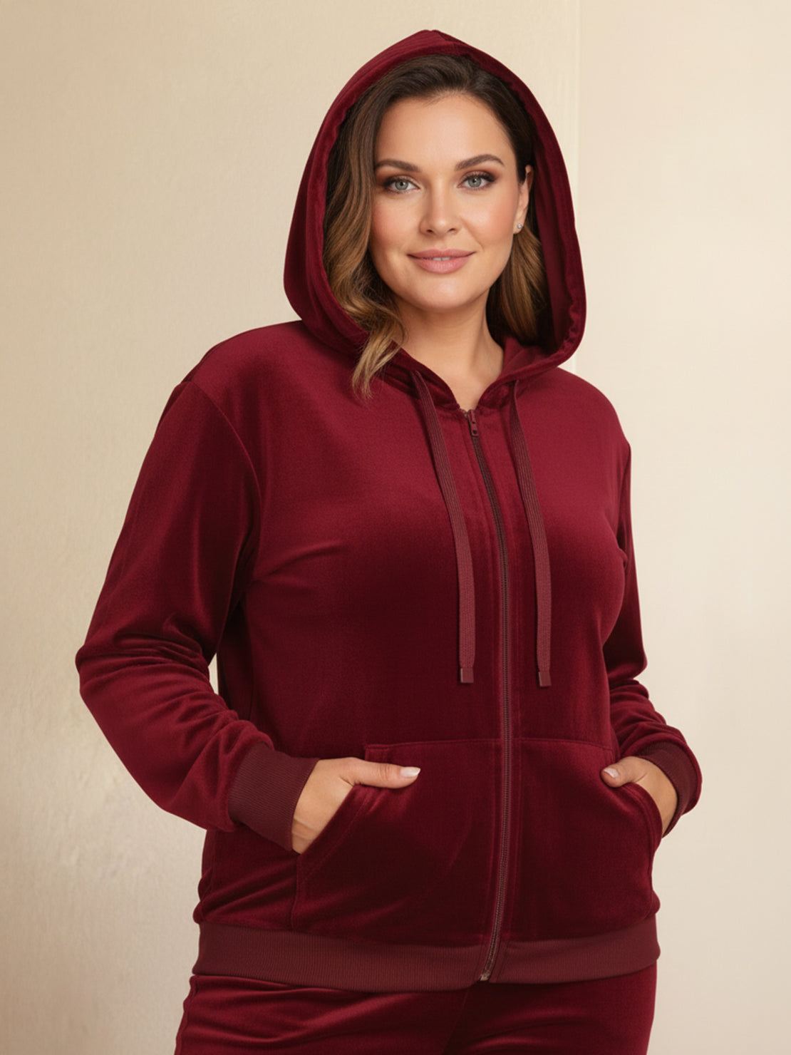 Plus size velour zip-up tracksuit with hoodie and straight-leg pants in soft smooth fabric