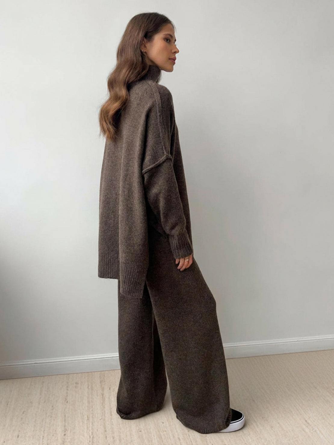 soft-knit turtleneck two-piece set with relaxed fit and wide-leg pants