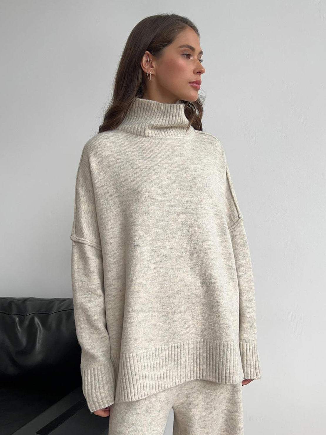 Soft-knit turtleneck two-piece set with relaxed fit and wide-leg pants