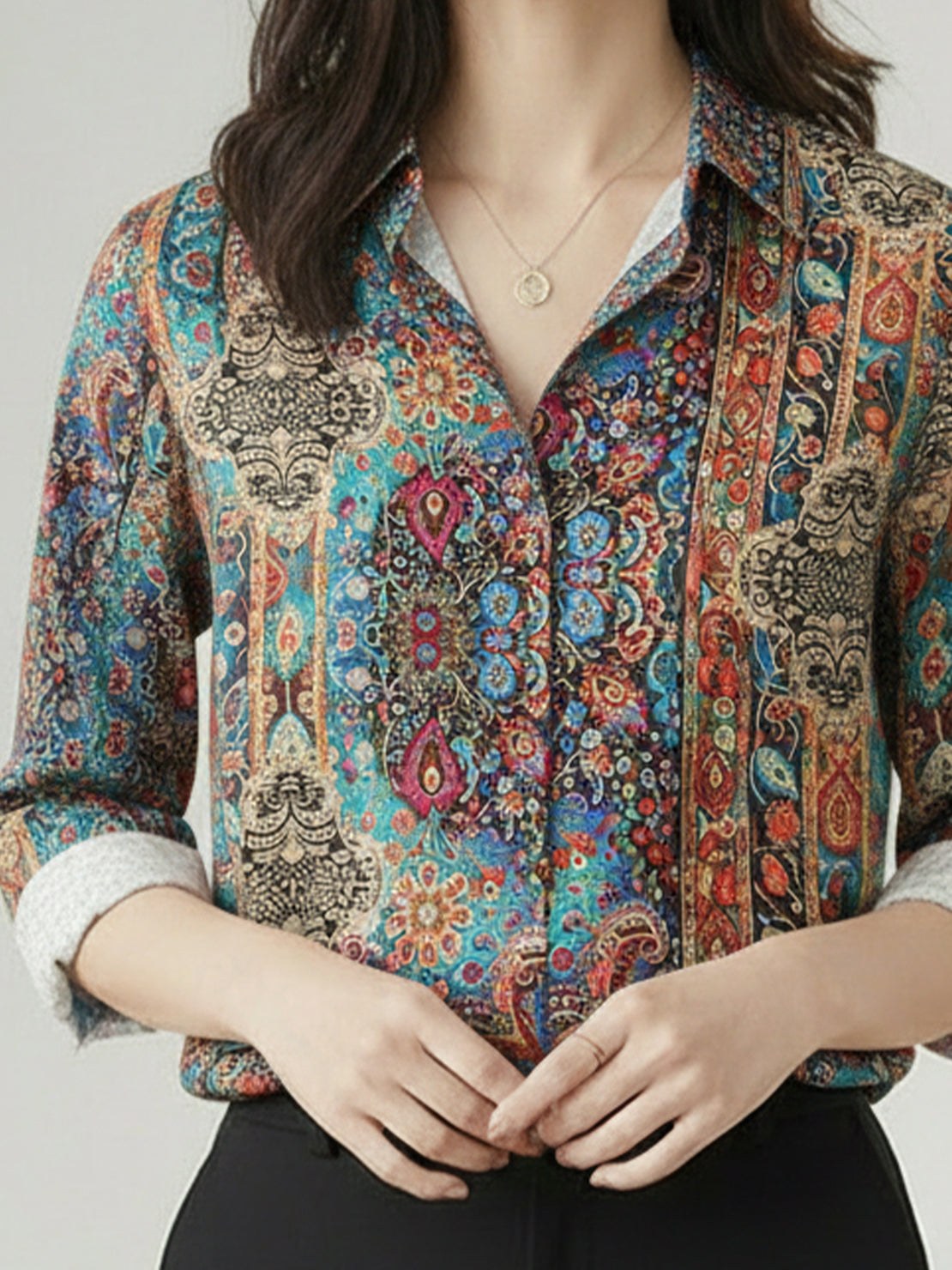 relaxed fit floral button-down shirt with long roll-up sleeves and hip-length hem