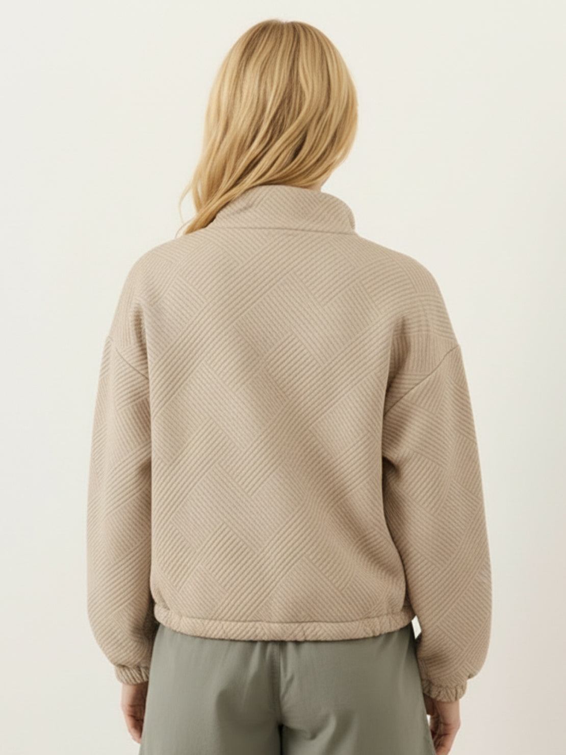 Cropped textured baseball jacket with full zipper, elastic cuffs, and waistband for casual layering