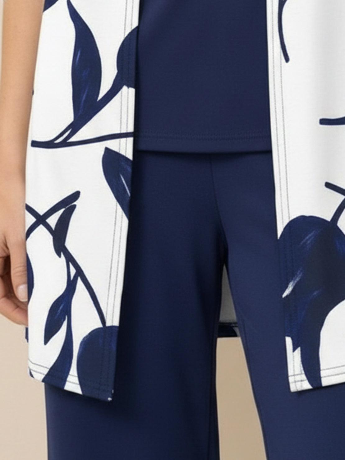 Open-front three-piece co-ord set with longline cardigan, tank top, and wide-leg trousers in lightweight knit fabric