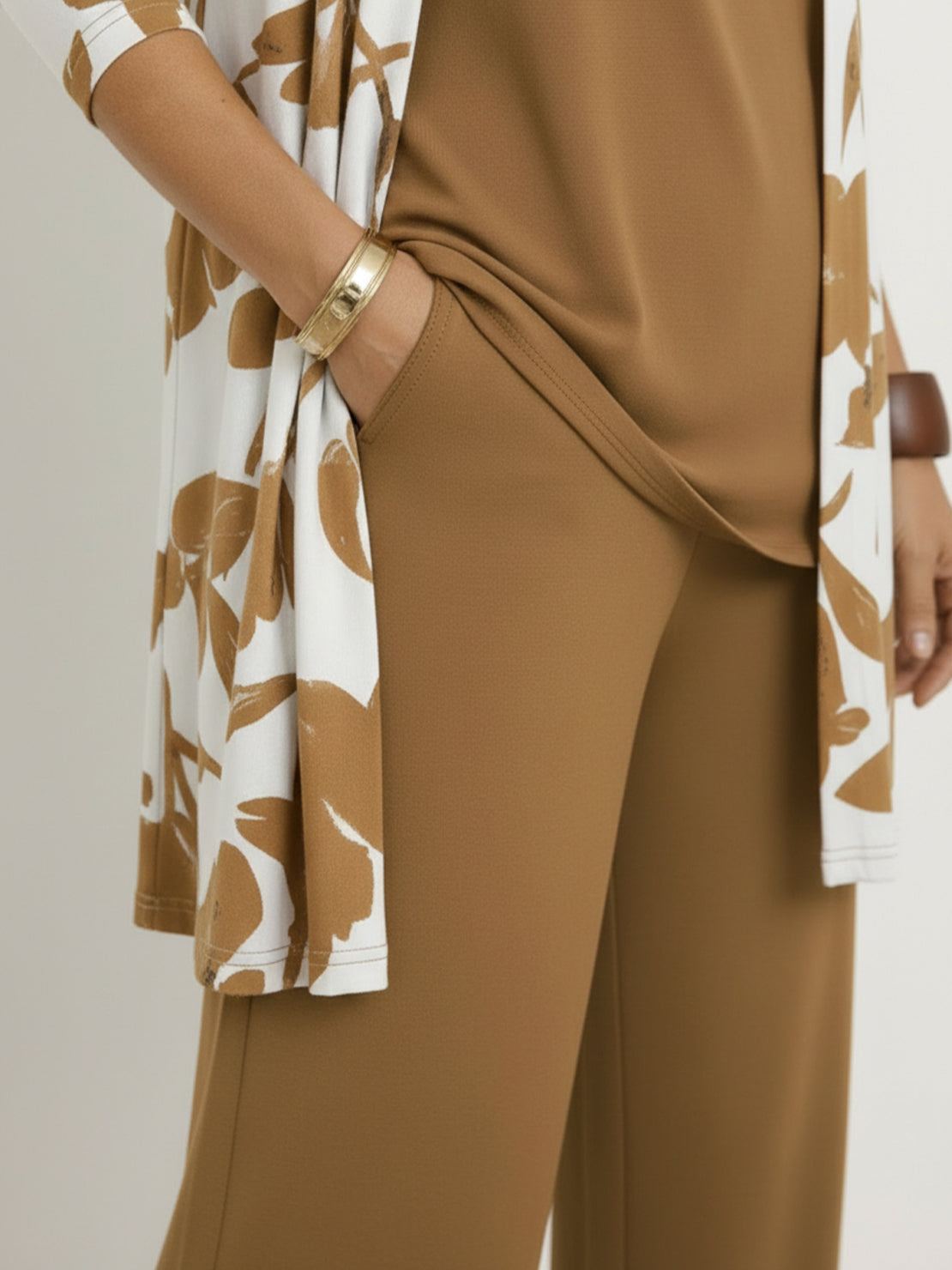 Open-front three-piece co-ord with longline cardigan, round-neck tank, and wide-leg trousers in lightweight knit fabric