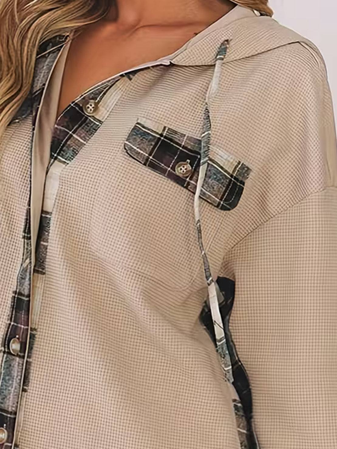 CloudKnit Oversized Hooded Shacket with waffle knit texture and button-front closure.