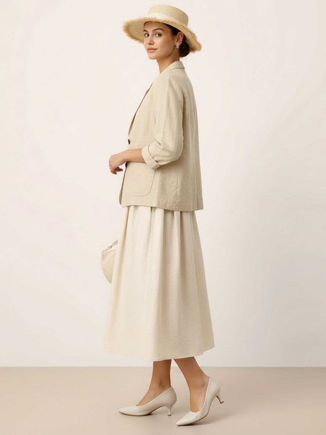 Cotton-linen blazer with notch lapels and two-button closure in natural textured fabric