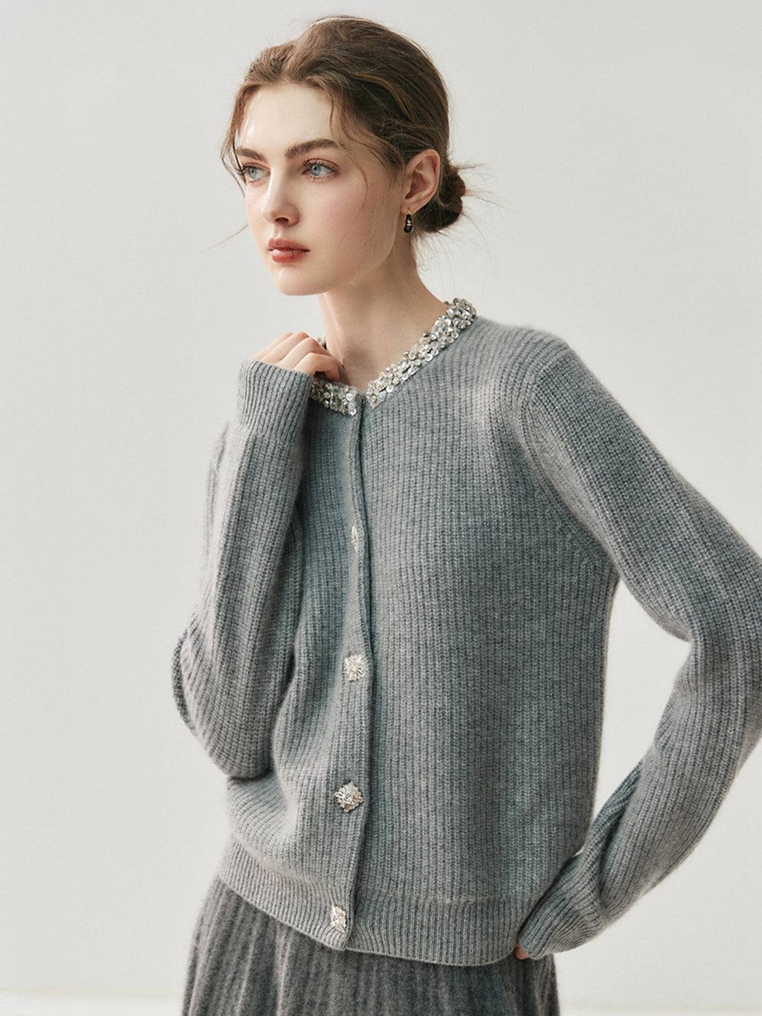 100% Alashan cashmere diamond-collar cardigan with crystal buttons and ribbed knit fit