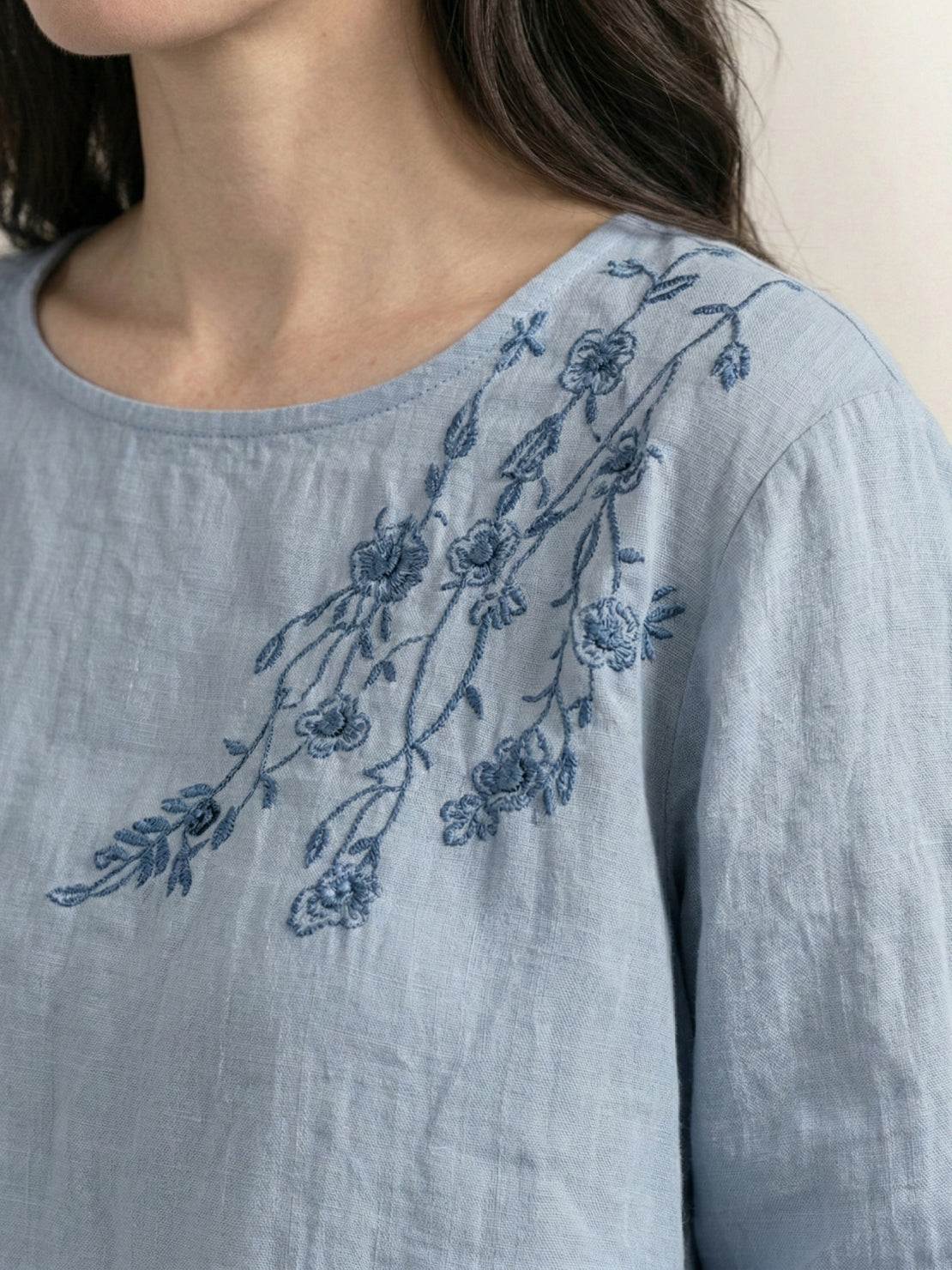 Cotton-linen embroidered blouse with boxy fit, balloon sleeves, and tonal floral detail on shoulder