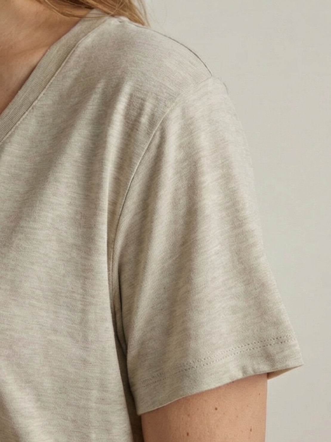 Linen-Bamboo V-Neck Tee with deep V-neckline, short sleeves, and relaxed fit in smooth linen and bamboo blend fabric