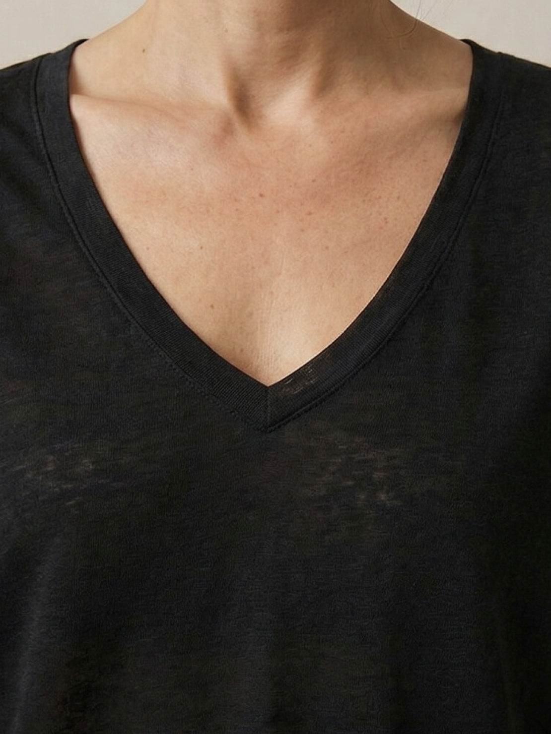 Linen-Bamboo V-Neck Tee with deep V-neckline, short sleeves, and relaxed fit in breathable linen and bamboo viscose blend