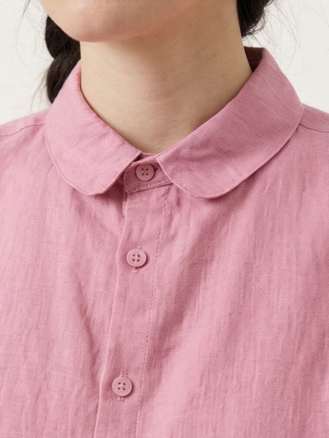 100% linen two-way button blouse with A-line silhouette and Peter Pan collar