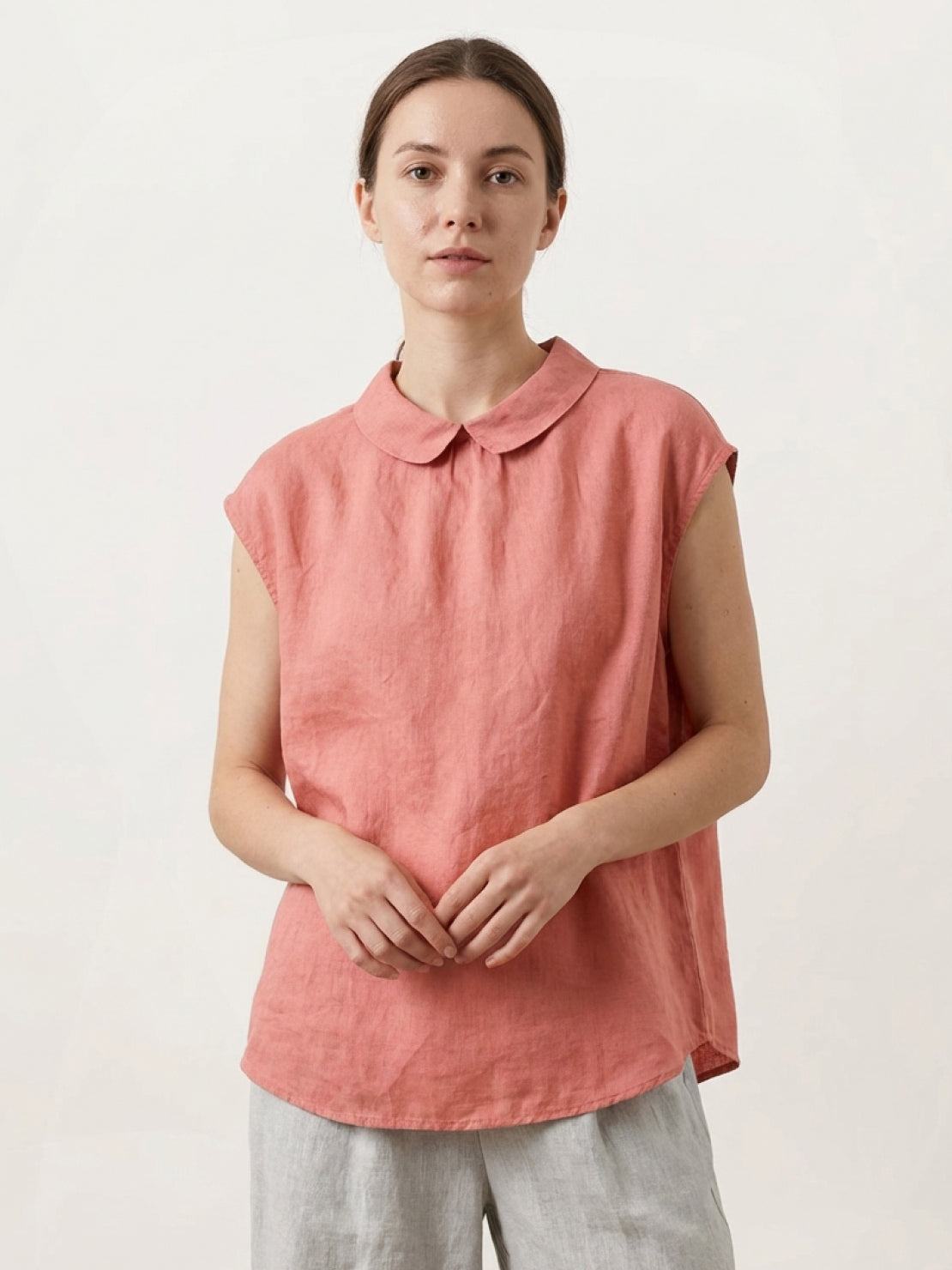 100% linen two-way button blouse with Peter Pan collar and cap sleeves