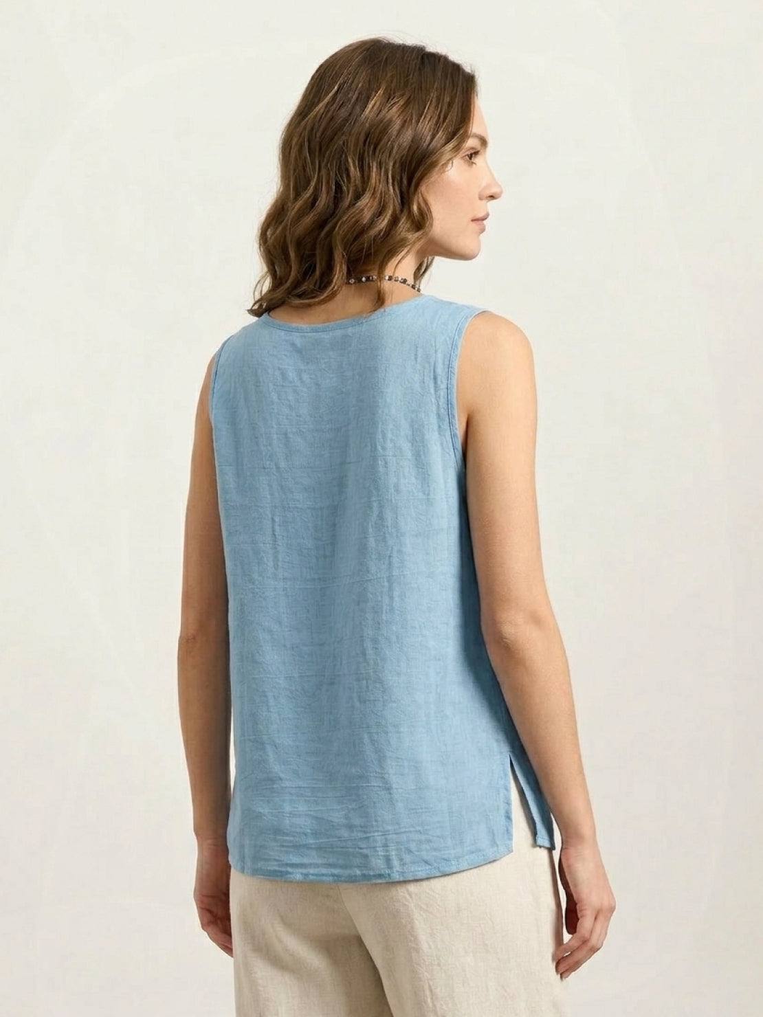 Lightweight 100% cotton linen sleeveless top with curved hem and chest pocket detail