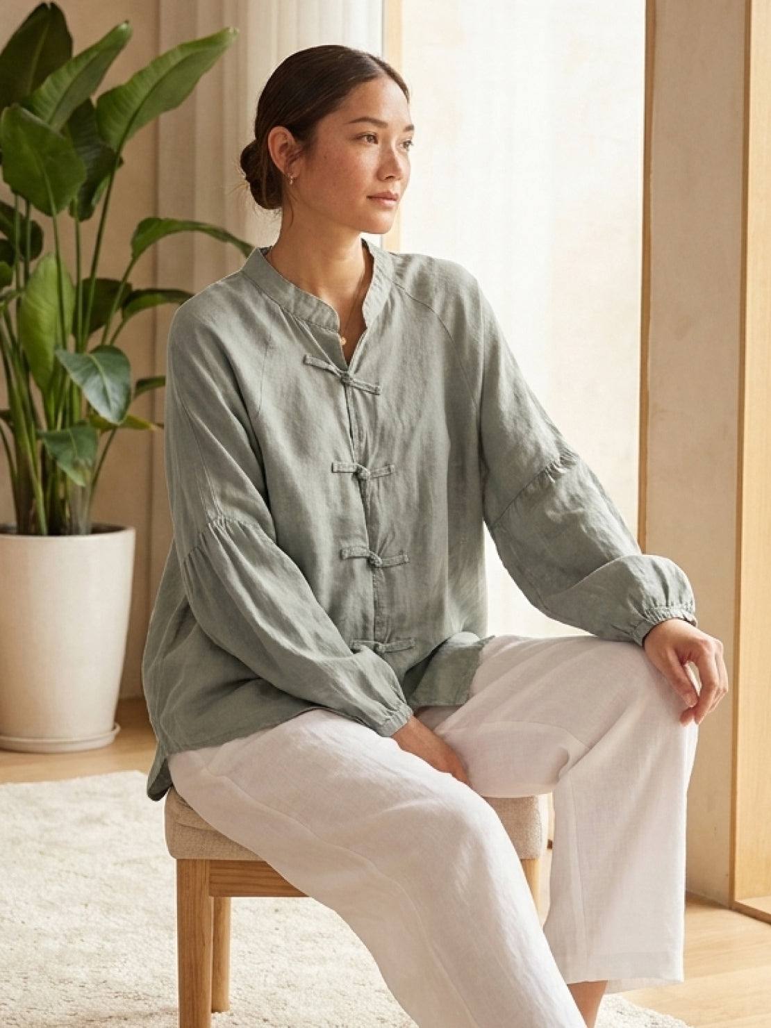 Oversized linen-cotton tang knot blouse with batwing sleeves and asymmetric hem