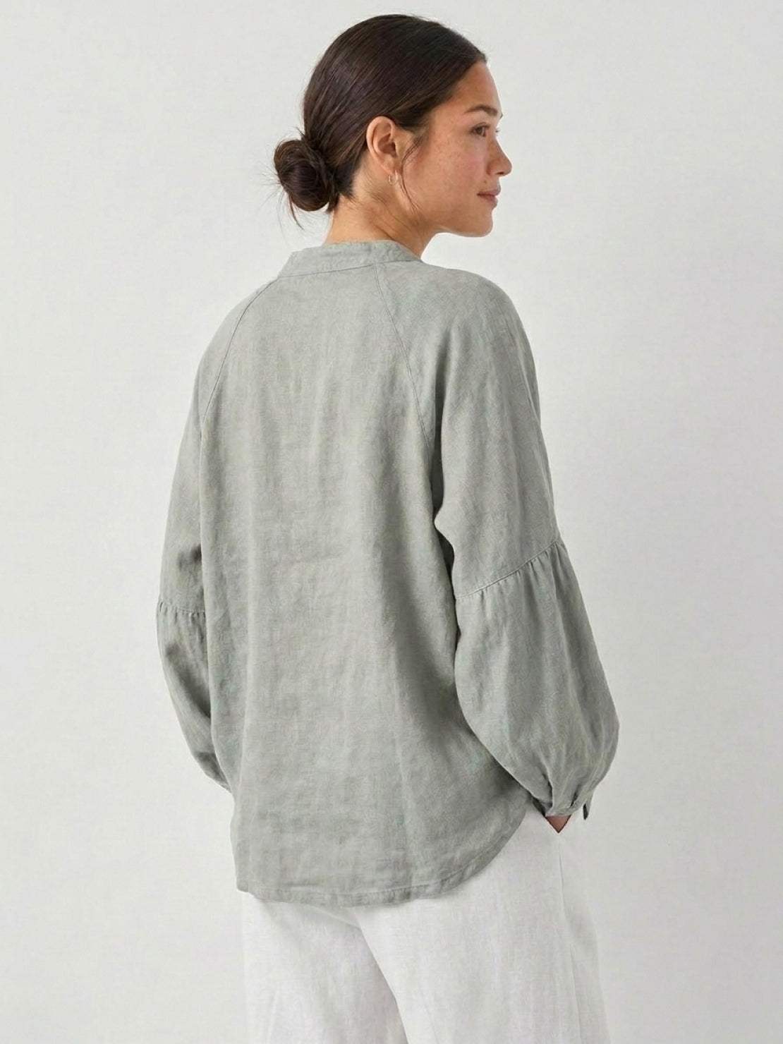 Oversized linen-cotton tang knot blouse with batwing sleeves and elasticated cuffs