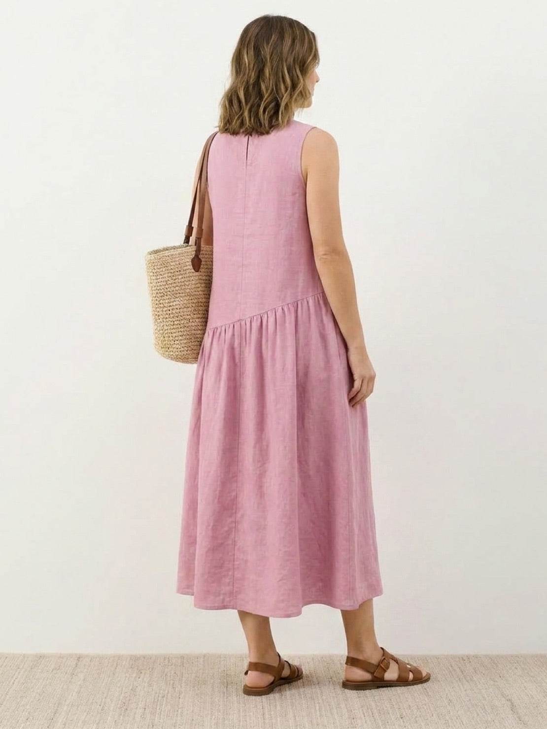 Cotton-linen summer midi dress with tiered skirt and relaxed drop-waist silhouette in lightweight fabric
