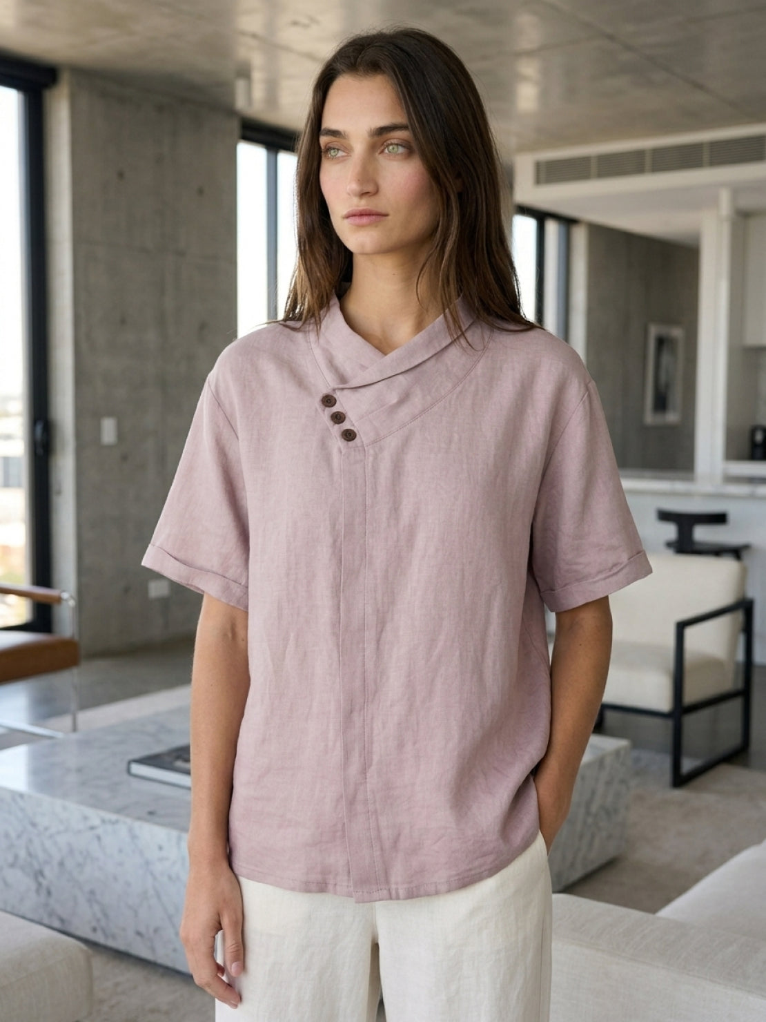 100% linen relaxed V-neck top with asymmetric button detail and short sleeves