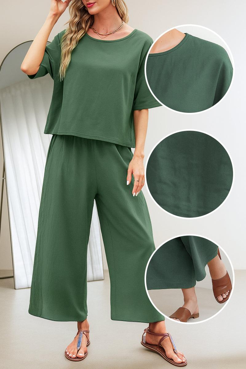 Breezy Meadow Two-Piece Set with relaxed fit, short sleeves, and wide-leg trousers in lightweight polyester fabric