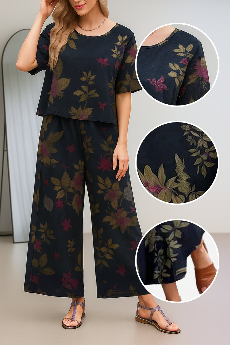 Lightweight Breezy Meadow two-piece set with relaxed fit and wide-leg trousers in soft polyester fabric