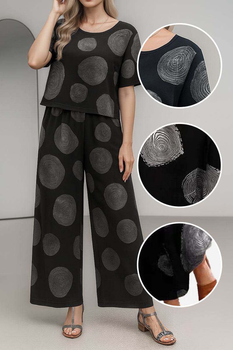 Breezy Meadow Two-Piece Set lightweight relaxed fit wide-leg trousers and soft-tailored top with short sleeves