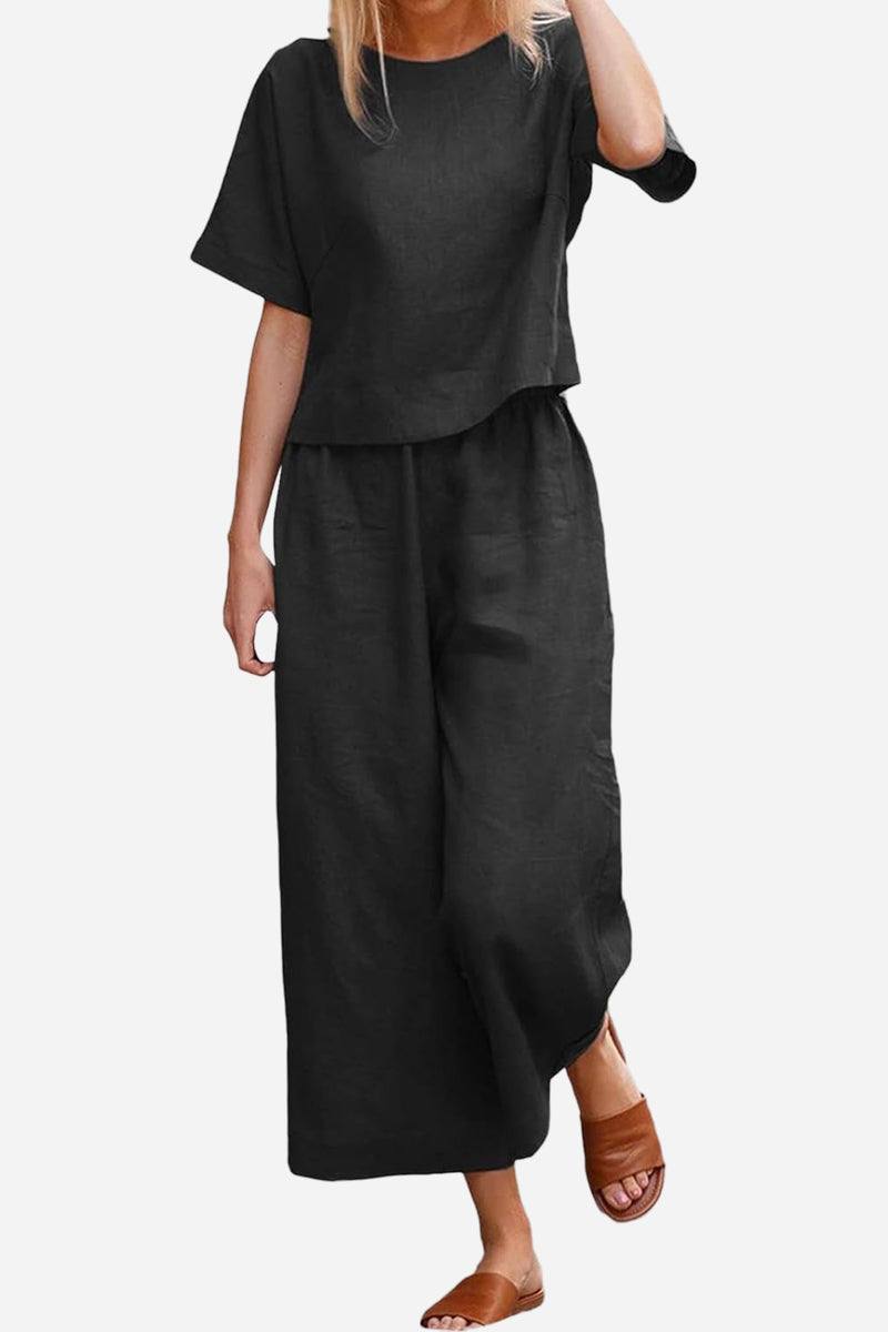 Breezy Meadow Two-Piece Set with soft-tailored top and wide-leg trousers in lightweight polyester fabric