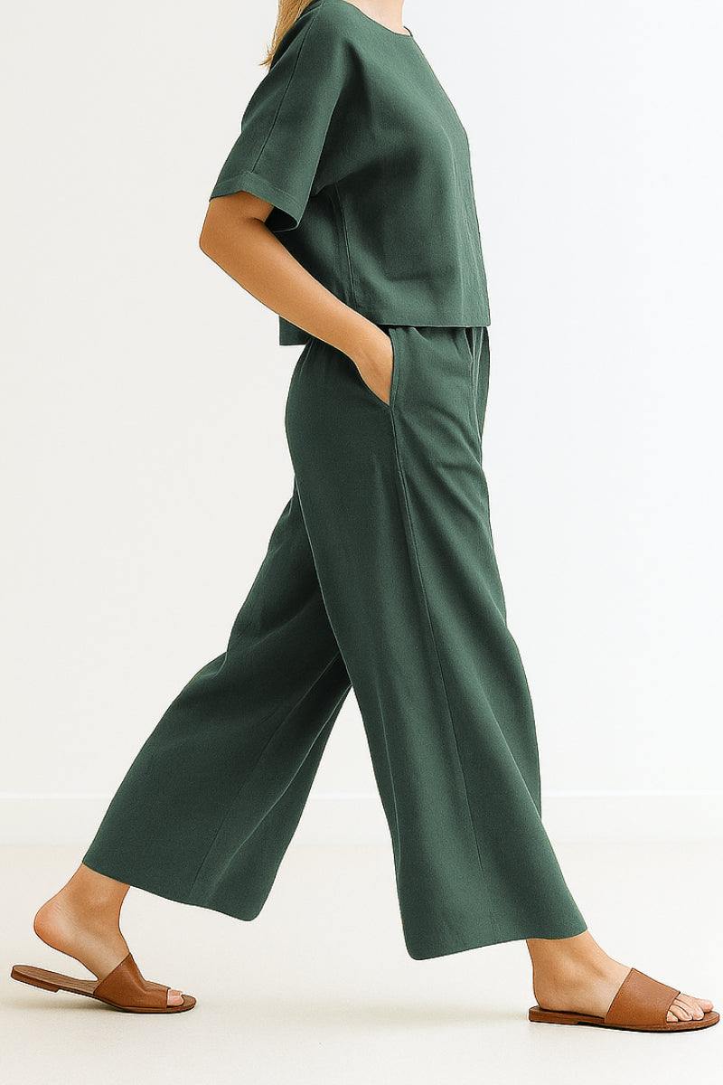 Lightweight Breezy Meadow two-piece set with relaxed short-sleeve top and wide-leg trousers in crumpled polyester fabric