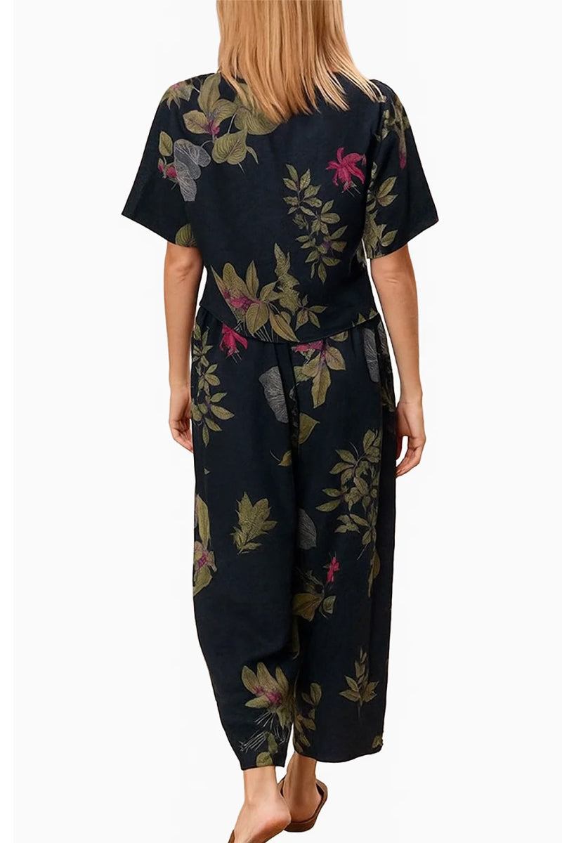 Breezy Meadow Two-Piece Set lightweight relaxed fit matching top and wide-leg trousers in natural crumpled polyester fabric