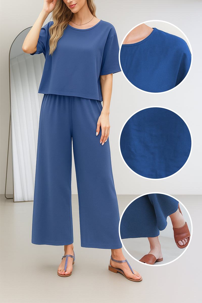 Lightweight Breezy Meadow two-piece set with relaxed fit and wide-leg trousers on white background