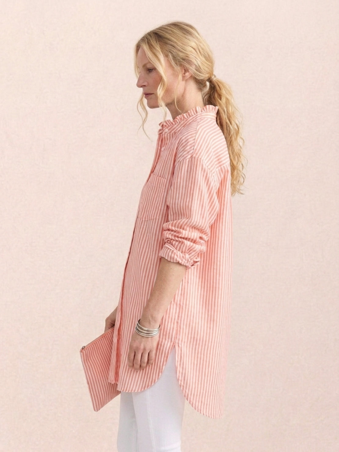Peach oversized linen shirt with back pleat and relaxed fit