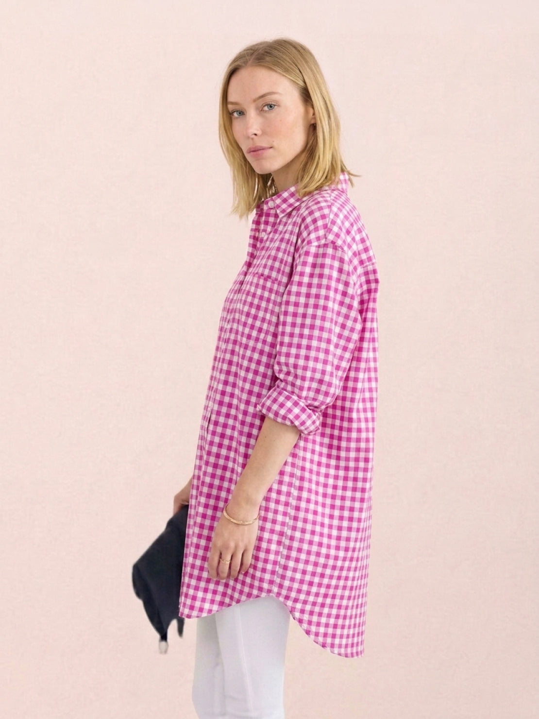 Raspberry gingham oversized linen shirt with back-pleat button detail and relaxed fit